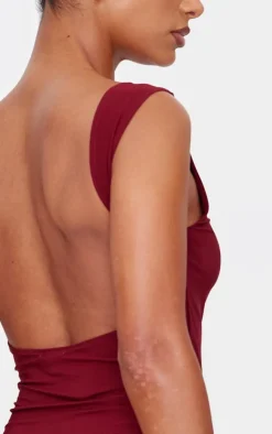 Online PrettyLittleThing Slinky Open Back Cap Sleeve Longline Top Burgundy