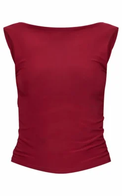 Online PrettyLittleThing Slinky Open Back Cap Sleeve Longline Top Burgundy