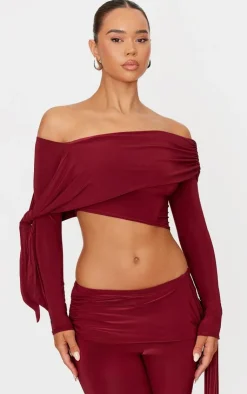 Best PrettyLittleThing Slinky Ruched Off The Shoulder Long Sleeve Top Burgundy