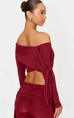 Best PrettyLittleThing Slinky Ruched Off The Shoulder Long Sleeve Top Burgundy