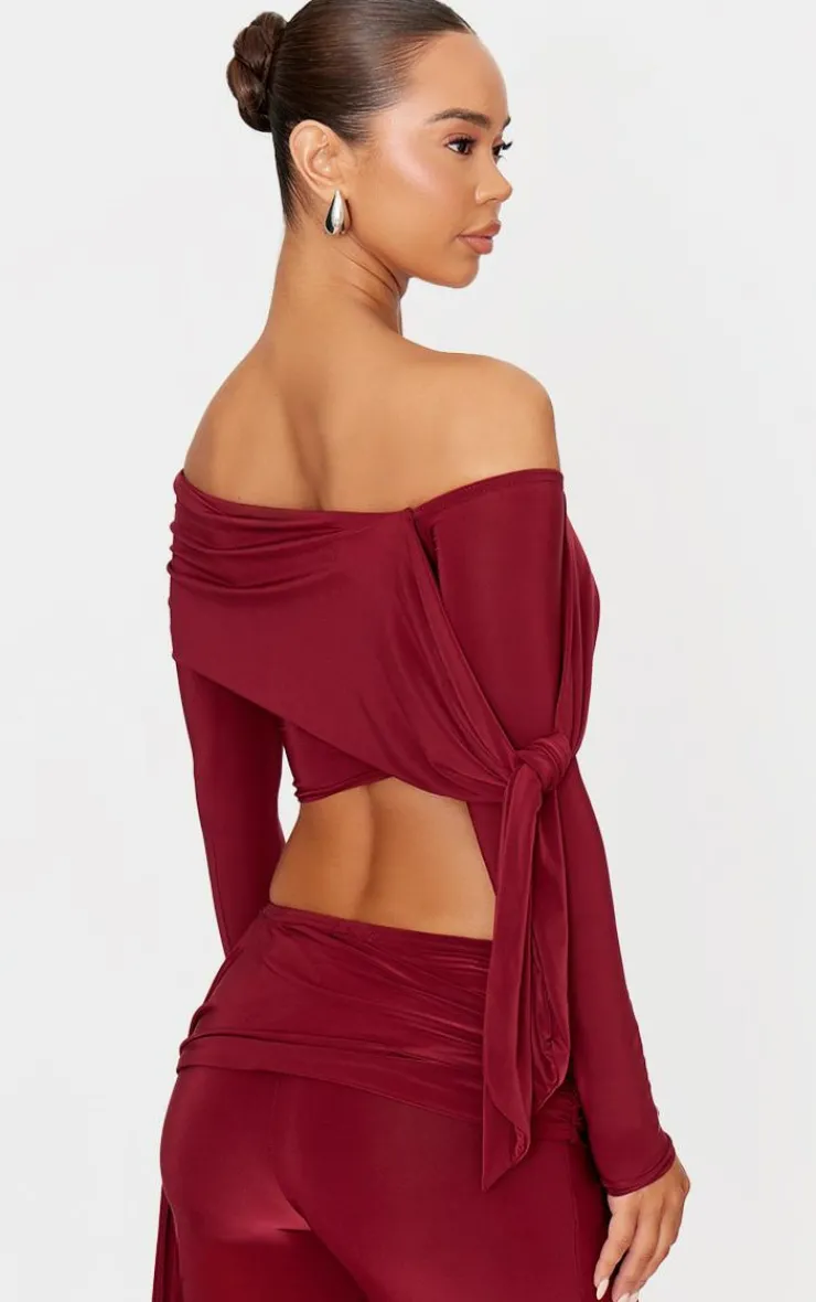 Best PrettyLittleThing Slinky Ruched Off The Shoulder Long Sleeve Top Burgundy