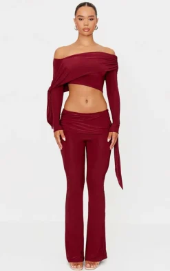 Best PrettyLittleThing Slinky Ruched Off The Shoulder Long Sleeve Top Burgundy