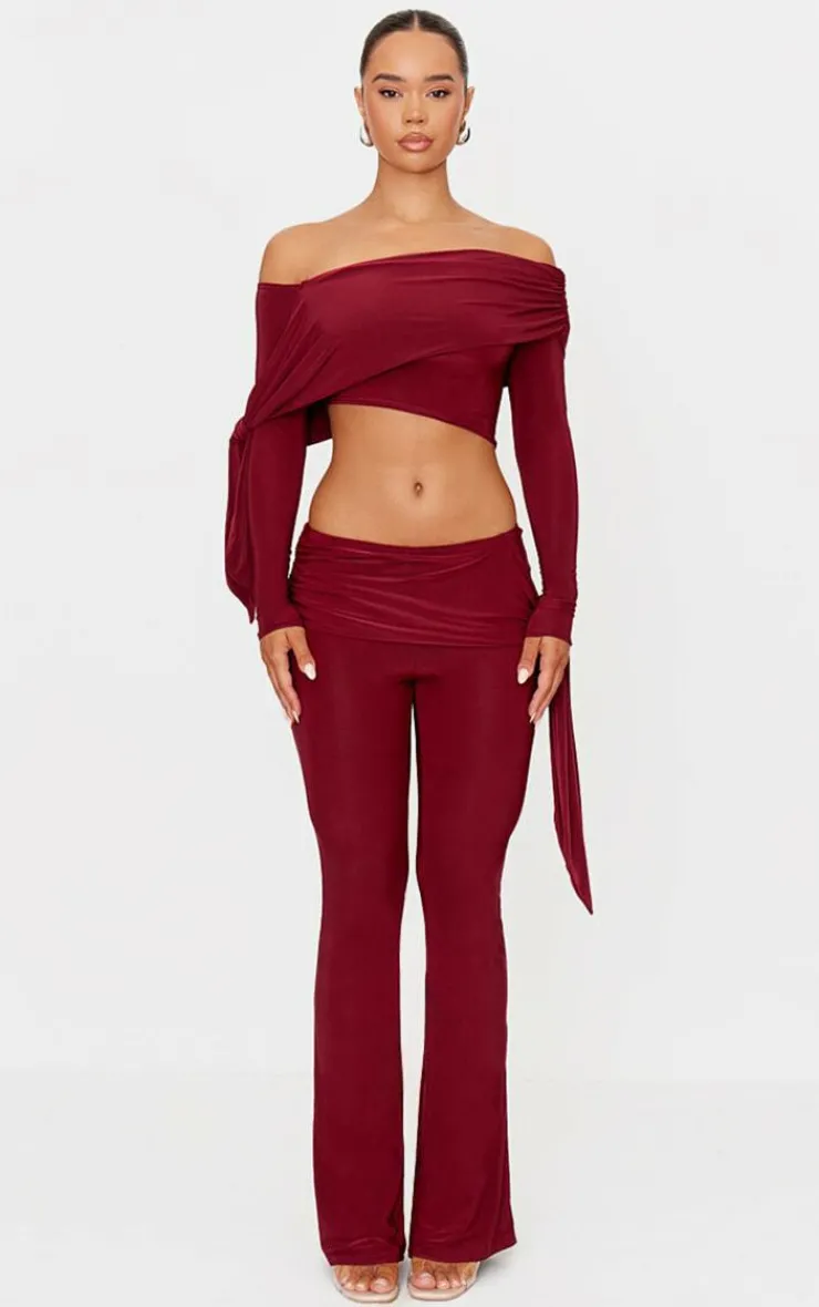 Best PrettyLittleThing Slinky Ruched Off The Shoulder Long Sleeve Top Burgundy