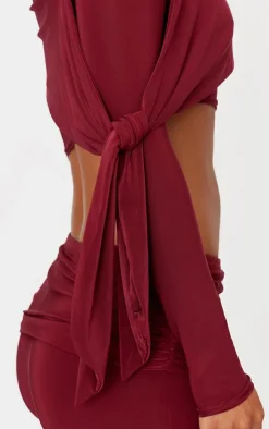 Best PrettyLittleThing Slinky Ruched Off The Shoulder Long Sleeve Top Burgundy