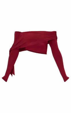 Best PrettyLittleThing Slinky Ruched Off The Shoulder Long Sleeve Top Burgundy