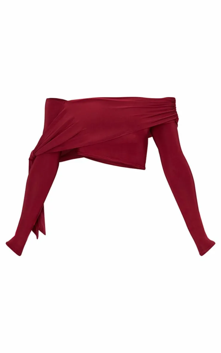 Best PrettyLittleThing Slinky Ruched Off The Shoulder Long Sleeve Top Burgundy