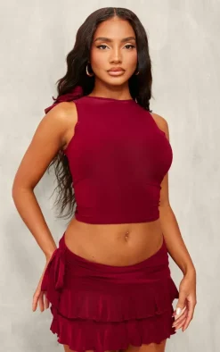 Online PrettyLittleThing Slinky Ruffle Detail Top Burgundy