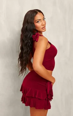 Online PrettyLittleThing Slinky Ruffle Detail Top Burgundy