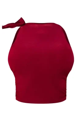 Online PrettyLittleThing Slinky Ruffle Detail Top Burgundy