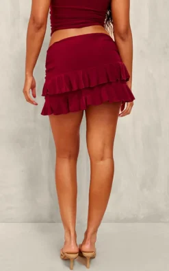 PrettyLittleThing Slinky Ruffle Mini Skirt Burgundy
