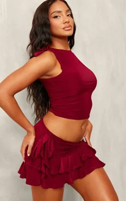 PrettyLittleThing Slinky Ruffle Mini Skirt Burgundy