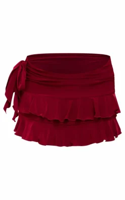 PrettyLittleThing Slinky Ruffle Mini Skirt Burgundy
