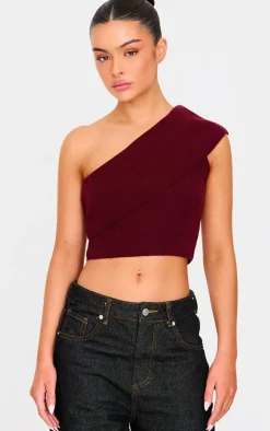PrettyLittleThing Knitted Tops*Soft Rib Knit One Shoulder Fold Over Crop Top