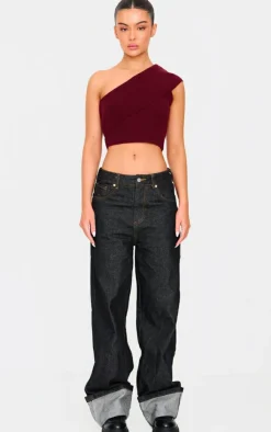 PrettyLittleThing Knitted Tops*Soft Rib Knit One Shoulder Fold Over Crop Top