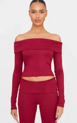 Outlet PrettyLittleThing Soft Touch Fold Over Bardot Long Sleeve Long Top Burgundy