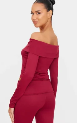 Outlet PrettyLittleThing Soft Touch Fold Over Bardot Long Sleeve Long Top Burgundy