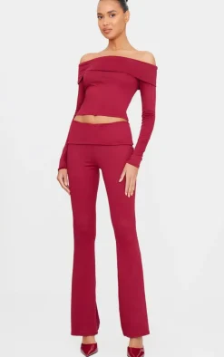 Outlet PrettyLittleThing Soft Touch Fold Over Bardot Long Sleeve Long Top Burgundy