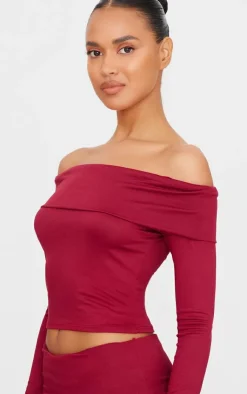 Outlet PrettyLittleThing Soft Touch Fold Over Bardot Long Sleeve Long Top Burgundy