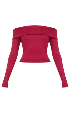 Outlet PrettyLittleThing Soft Touch Fold Over Bardot Long Sleeve Long Top Burgundy