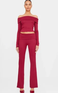 Discount PrettyLittleThing Soft Touch Fold Over Skinny Flares Burgundy