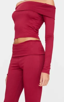 Discount PrettyLittleThing Soft Touch Fold Over Skinny Flares Burgundy