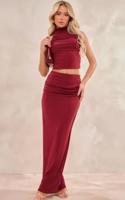 Online PrettyLittleThing Soft Touch Ruched Back Maxi Skirt Burgundy