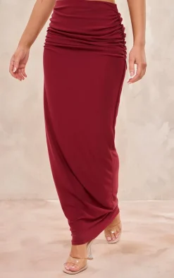 Online PrettyLittleThing Soft Touch Ruched Back Maxi Skirt Burgundy