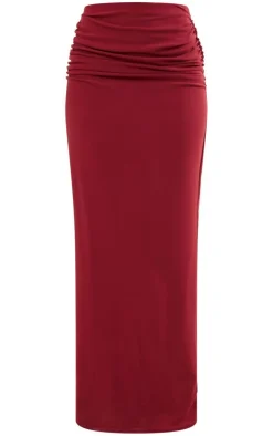 Online PrettyLittleThing Soft Touch Ruched Back Maxi Skirt Burgundy