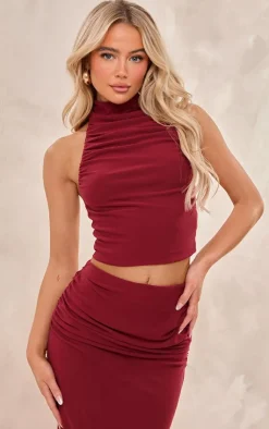 Outlet PrettyLittleThing Soft Touch Ruched Halterneck Crop Top Burgundy