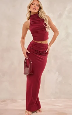 Outlet PrettyLittleThing Soft Touch Ruched Halterneck Crop Top Burgundy