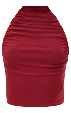 Outlet PrettyLittleThing Soft Touch Ruched Halterneck Crop Top Burgundy
