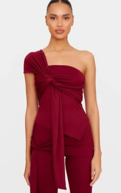 Discount PrettyLittleThing Soft Touch Tie Detail One Shoulder Top Burgundy