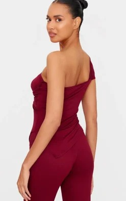 Discount PrettyLittleThing Soft Touch Tie Detail One Shoulder Top Burgundy