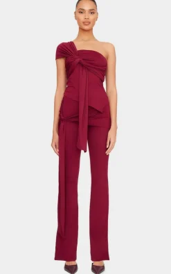 Discount PrettyLittleThing Soft Touch Tie Detail One Shoulder Top Burgundy