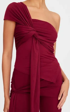 Discount PrettyLittleThing Soft Touch Tie Detail One Shoulder Top Burgundy