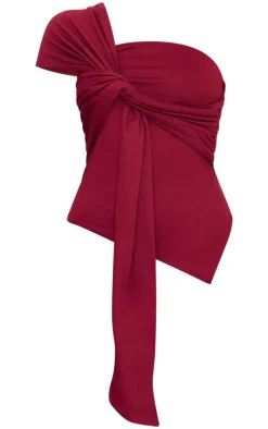 Discount PrettyLittleThing Soft Touch Tie Detail One Shoulder Top Burgundy