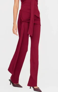 New PrettyLittleThing Soft Touch Tie Detail Flared Pants Burgundy