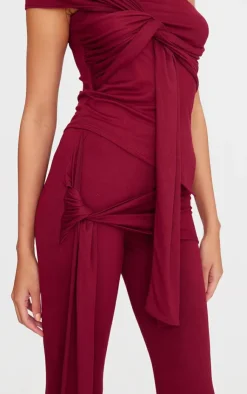 New PrettyLittleThing Soft Touch Tie Detail Flared Pants Burgundy
