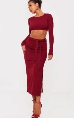 Sale PrettyLittleThing Stretch Rib Tie Waist Midaxi Skirt Burgundy