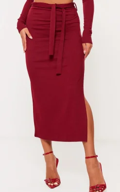 Sale PrettyLittleThing Stretch Rib Tie Waist Midaxi Skirt Burgundy