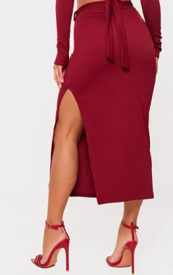 Sale PrettyLittleThing Stretch Rib Tie Waist Midaxi Skirt Burgundy