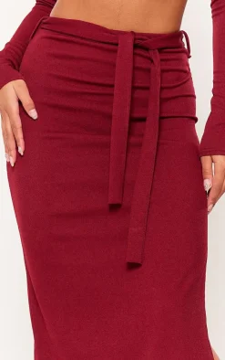 Sale PrettyLittleThing Stretch Rib Tie Waist Midaxi Skirt Burgundy