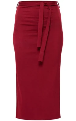 Sale PrettyLittleThing Stretch Rib Tie Waist Midaxi Skirt Burgundy