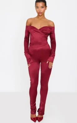 Stretch Satin Cross Front Bardot Split Hem Jumpsuit-PrettyLittleThing