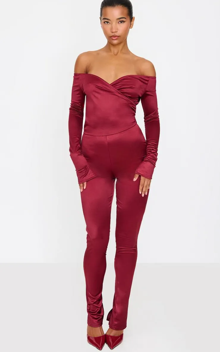 Stretch Satin Cross Front Bardot Split Hem Jumpsuit-PrettyLittleThing