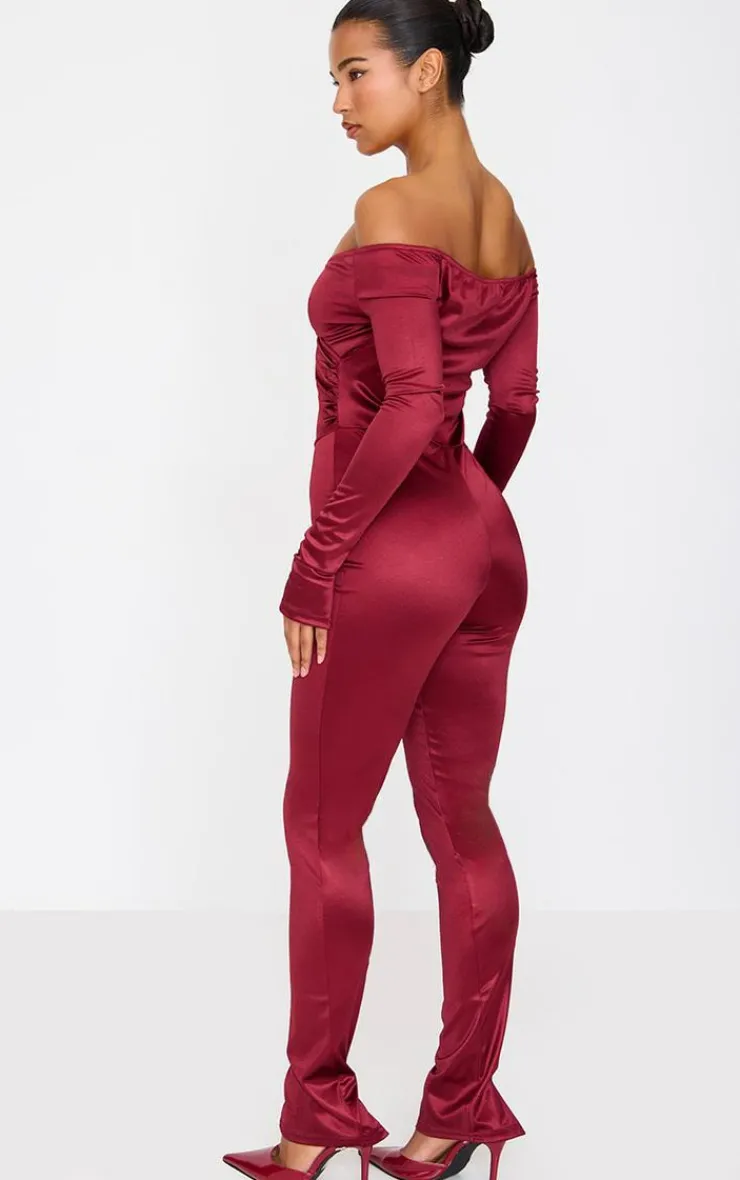 Stretch Satin Cross Front Bardot Split Hem Jumpsuit-PrettyLittleThing