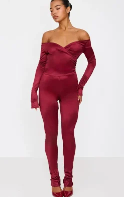 Stretch Satin Cross Front Bardot Split Hem Jumpsuit-PrettyLittleThing