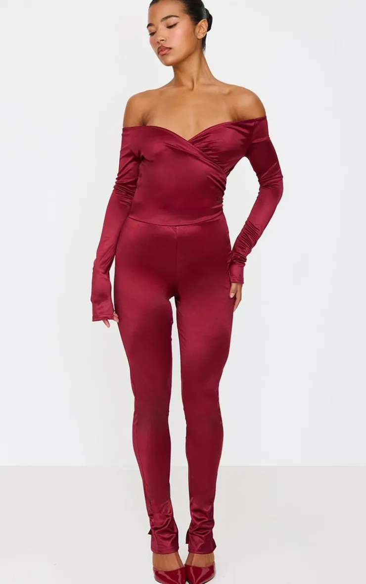 Stretch Satin Cross Front Bardot Split Hem Jumpsuit-PrettyLittleThing