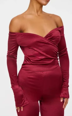 Stretch Satin Cross Front Bardot Split Hem Jumpsuit-PrettyLittleThing