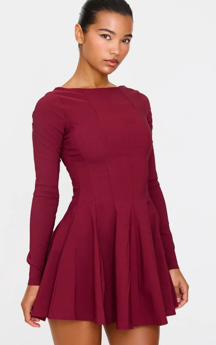Stretch Woven Boat Neck Long Sleeve Pleated Shift Dress-PrettyLittleThing Online